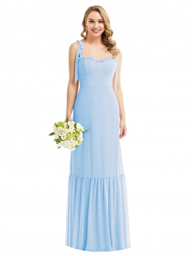 Best Tie Shoulder Bustier Bodice Ruffle Hem Maxi Bridesmaid Dress