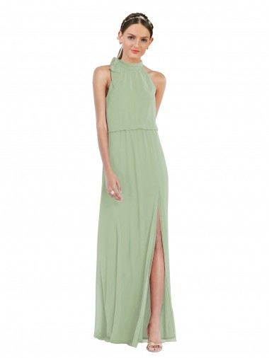 Best High Neck Scarf Tie Blouson Bodice Maxi Bridesmaid Dress with Front Slit
