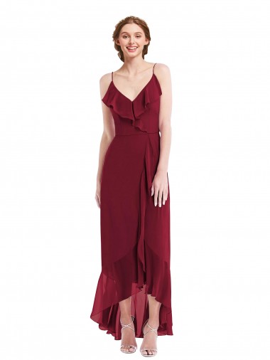 Best Ruffle Trimmed V-Neck High Low Wrap Chiffon Bridesmaid Dress