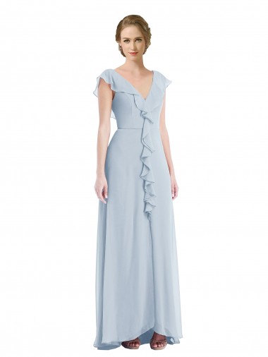 Best Ruffle Trimmed V Back Chiffon Maxi Bridesmaid Dress