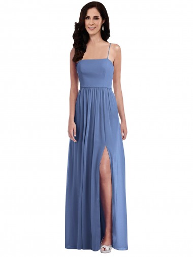 Best Slim Spaghetti Straps Chiffon Bridesmaid Dress with Front Slit