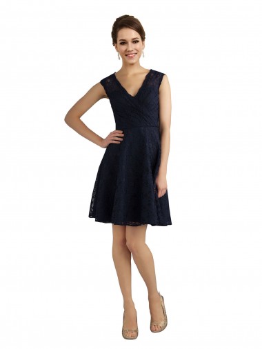Best Short V-Neck Lace Cocktail Bridesmaid Dress with Illusion Back