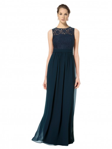 Best Long Chiffon Bridesmaid Dress with Lace Sleeveless Bodice and Keyhole Back