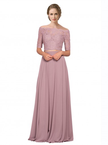 Best Off the Shoulder Lace Crop Top A-Line Chiffon Bridesmaid Dress / Prom Dress