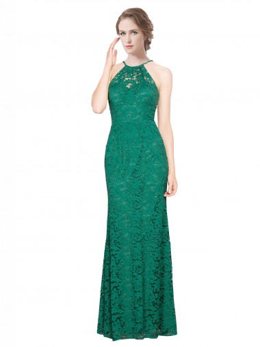 Best High Illusion Halter Neck Long Lace Bridesmaid Dress / Prom Dress
