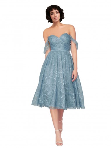 Best Off the Shoulder Sweetheart Chantilly Lace Midi Length Cocktail Bridesmaid Dress
