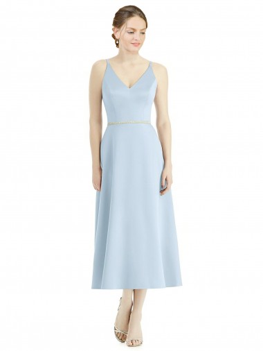 Best Short Tea Length V-Neck Satin Bridesmaid Dress