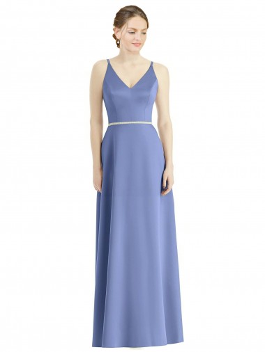 Best Long Floor Length V-Neck Satin Bridesmaid Dress with Spaghetti Straps