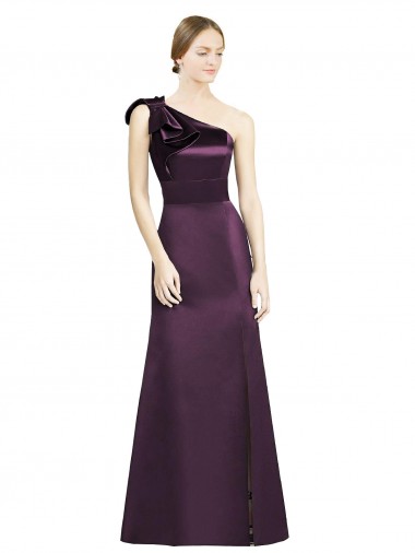 Best Full Length One Shoulder Satin Bridesmaid Dress with Bow Shoulder Detail