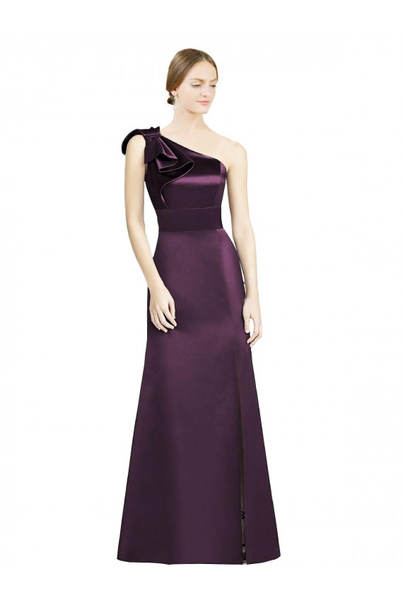 Full Length One Shoulder Satin Bridesmaid Dress with Bow Shoulder Detail