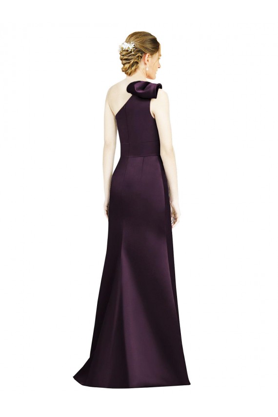 Full Length One Shoulder Satin Bridesmaid Dress with Bow Shoulder Detail