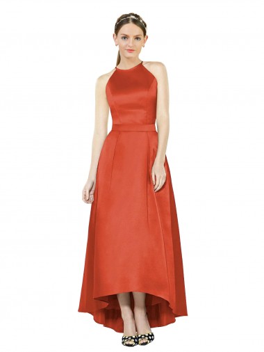 Best Full Length Halter Satin Bridesmaid Dress with Hi-Low Hem Detail