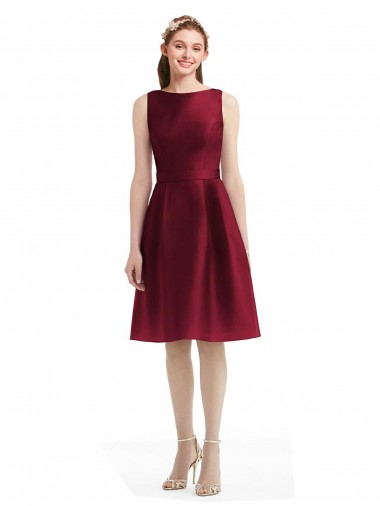 Best Short Midi Length Satin Cocktail Bridesmaid Dress with Bateau Neckline and V-Back