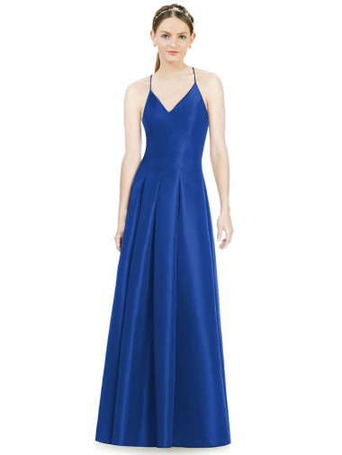 Best Full Pleated V-Neck Long Satin Bridesmaid Dress with Criss Cross Open Back