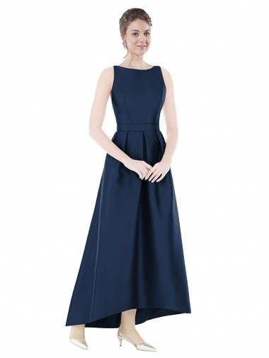 Best Full Length Sleeveless Long Satin Bridesmaid Dress with High Low Hem Detail