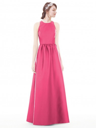 Best Jewel Neck Keyhole Back Sleek Long Satin Bridesmaid Dress