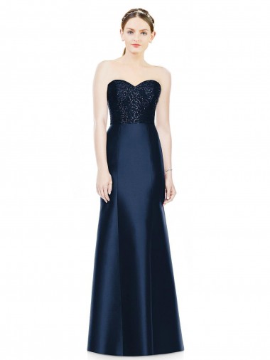 Best Full Length Strapless Satin Bridesmaid Dress with Lace Sweetheart Neckline