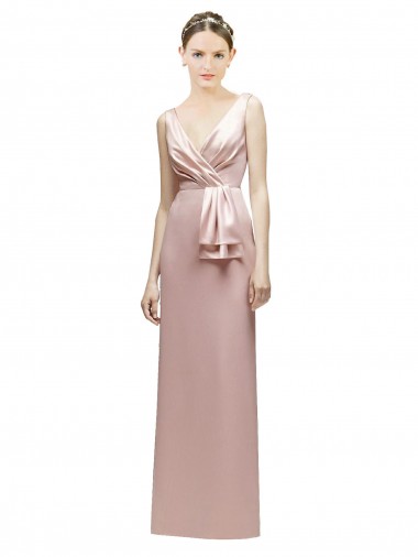 Best Sleeveless V-Neck Long Satin Bridesmaid Dress with Draped Bodice and Tiered Bow