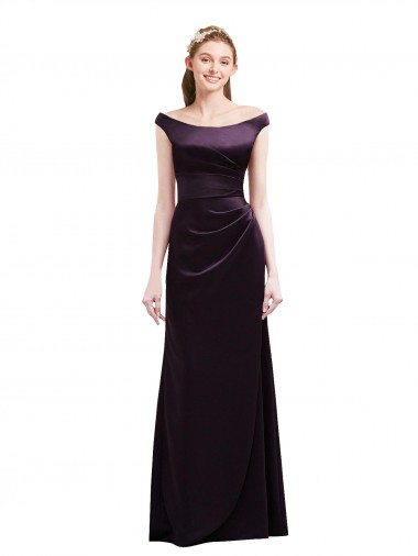Best Off The Shoulder Long Satin Bridesmaid Dress with Asymmetrical Pleated Bodice