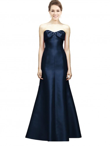 Best Long Strapless Satin Bridesmaid Dress with Pleated Cuff Neckline