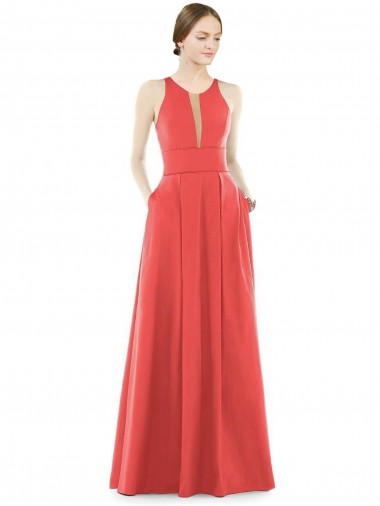 Best Sheer V-Neck Tulle Illusion Long Satin Bridesmaid Dress