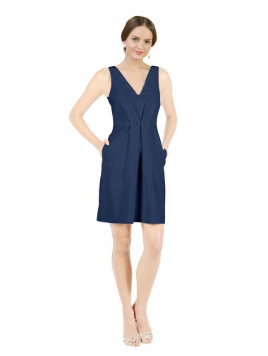 Best Deep V-Neck Short Knee Length Satin Cocktail Bridesmaid Dress with Slimming Pleats