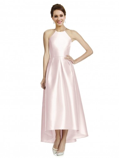 Best Long High-Low Halter Satin Bridesmaid Dress with Criss-Cross Back