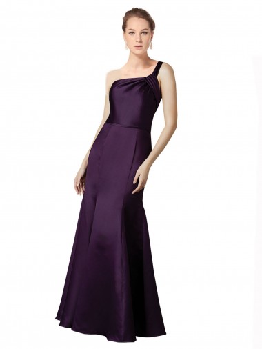 Best Long Ruched Neckline One Shoulder Satin Bridesmaid Dress / Prom Dress