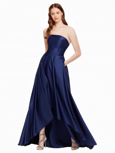 Best High Low Strapless Formal Satin Bridesmaid Dress / Prom Dress with Pockets