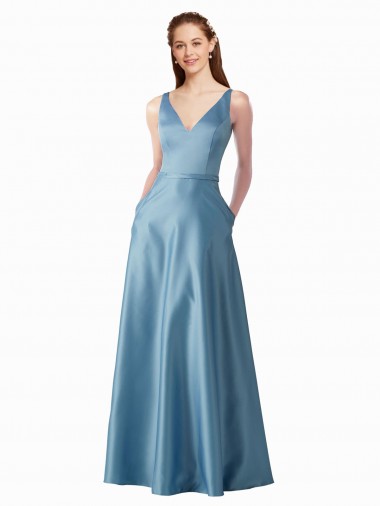 Best Classic Satin V-Neck A-Line Bridesmaids Dress with Pockets