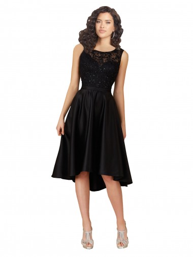 Best Short High Low Satin Cocktail Bridesmaid Dress with a Beaded and Embroidered Bodice