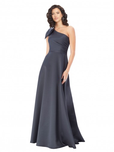 Best Rouched One Shoulder Floor Length Formal Satin Bridesmaid Dress / Prom Dress with Bow