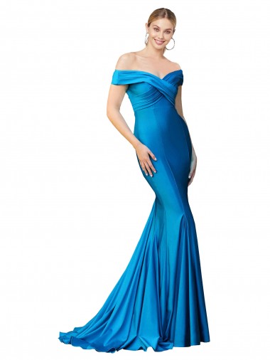 Best Off the Shoulder Long Chapel Train Formal Satin Bridesmaid Dress / Prom Dress