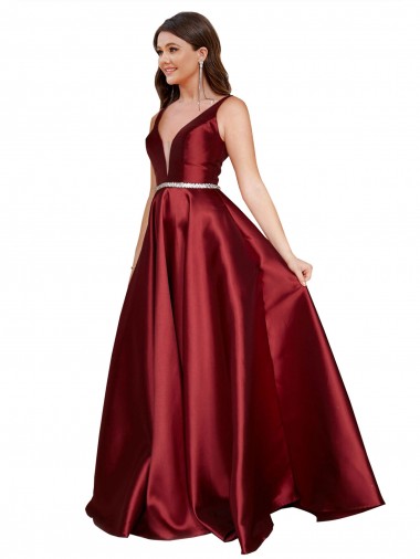 Best Sleeveless Deep V-Neck A-Line Formal Satin Bridesmaid Dress / Prom Dress with Pockets