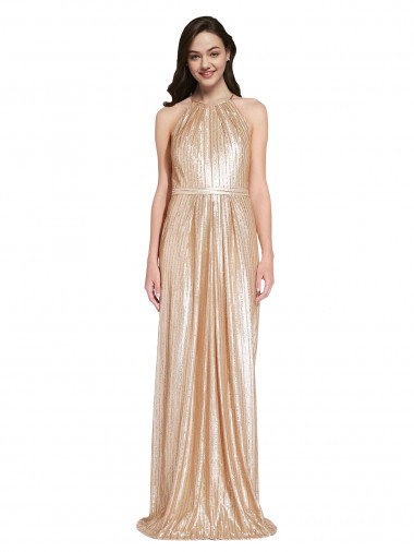 Best Floor Length Halter Neck Sparkling Formal Sequin Bridesmaid Dress / Prom Dress with Pleats