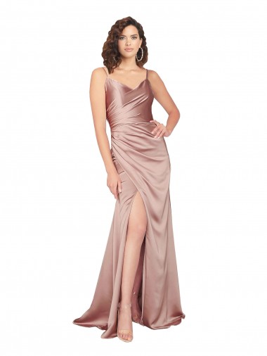 Best Floor Length Formal Silky Satin Bridesmaid Dress / Prom Dress with Front Skirt Slit