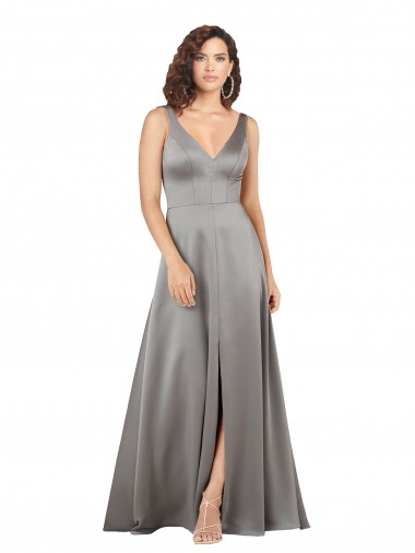 Best Plunging V-Neckline Long A-Line Formal Silky Satin Bridesmaid Dress / Prom Dress