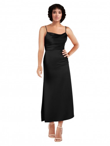 Best Cowl Neck Formal Tea-Length Short Silky Satin Bridesmaid Dress / Cocktail Prom Dress with Skirt Slit