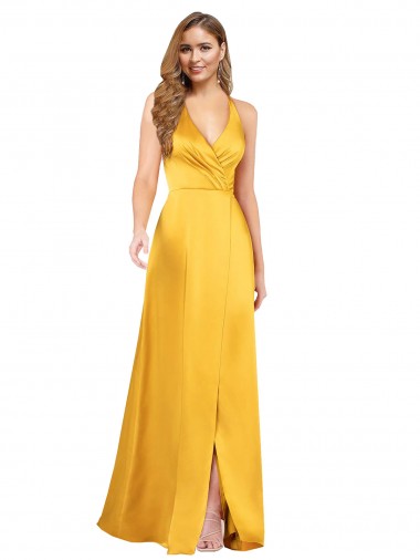 Best Halter A-Line Formal Silky Satin Bridesmaid Dress / Prom Dress with V-Neckline and Slit