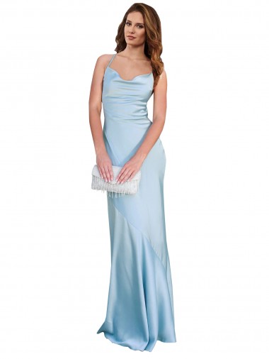 Best Open Back with Ties Cowl Neck Sheath Formal Silky Satin Long Bridessmaid Dress