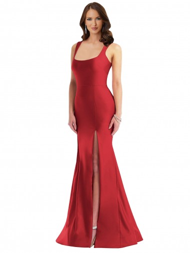Best Square Neck Formal Silky Satin Mermaid Bridesmaid Dress / Prom Dress with Side Slit