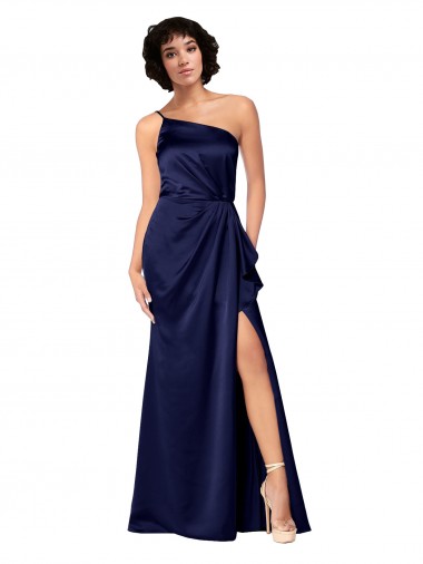 Best One Shoulder Formal Silky Satin Bridesmaid Dress / Prom Dress with Skirt Slit