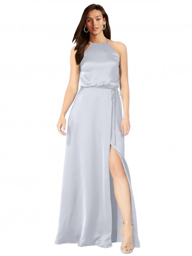 Best Halter Neck Formal Silky Satin Bridesmaid Dress with Strappy Back