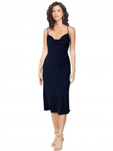 Best Short Cocktail Midi Length Formal Silky Satin Bridesmaid Dress / Prom Dress with Cowl Neck and Cross Back Straps