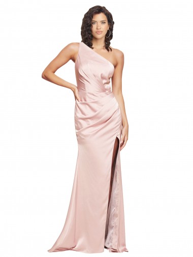 Best Full Length Ruched Formal Silky Satin Bridesmaid Dress / Prom Dress with Low Back and High Split