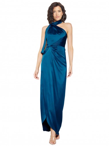 Best High Halter Neck Formal Silky Satin Bridesmaid Dress / Prom Dress with Sash Overlay and Side Split