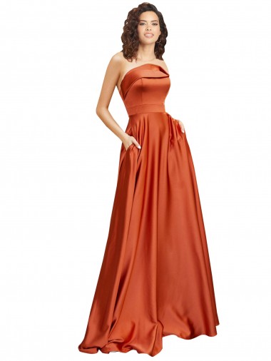 Best Strapless Sweep Train Formal Silky Satin Bridesmaid Dress / Prom Dress with Pleats