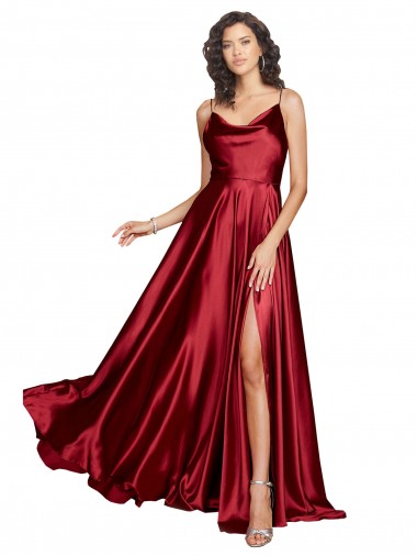 Best Cowl Neckline Long Formal Silky Satin Bridesmaid Dress / Prom Dress with Spaghetti Straps