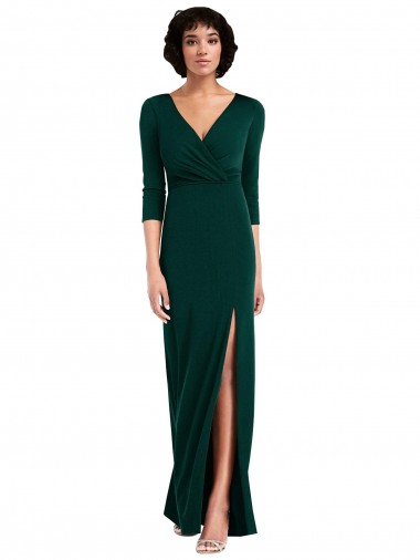 Best Floor Length 3/4 Sleeves V-Back Draped Wrap Formal Maxi Spandex Bridesmaid Dress / Prom Dress