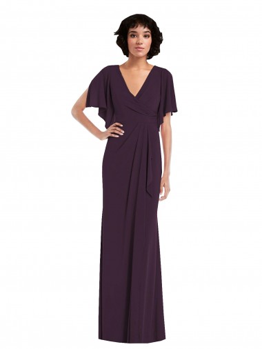 Best Faux Wrap Split Sleeves Formal Maxi Spandex Bridesmaid Dress / Prom Dress with Cascade Skirt